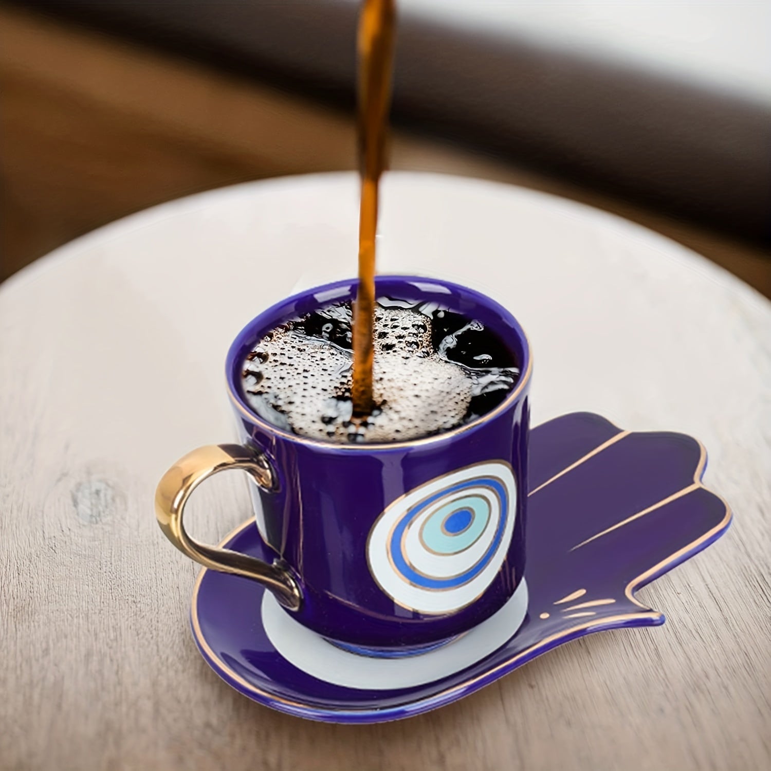 2pcs, Evil Eye Cups Ceramic Coffee Mug And Plate Set, Hamsa Cute Cup And Saucer, Tea Coffee Cups, Bone Ceramic Beautiful Tea Cup With Matching Saucers-Eye, Drinkware, Tea Accessories, Coffee Accessories, Weird Gadget Unusual