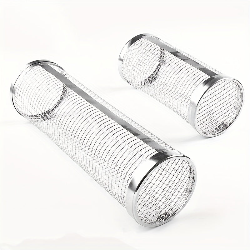 1/2pcs BBQ Rolling Grill Basket, Stainless Steel Grilled Cage, Round BBQ Grill Mesh For Vegetable Fries Fish, Portable Barbecue Cooking Grill Net, Grilling Baskets For  Outdoor Camping Grilling Rack, Camping Picnic Cookware K