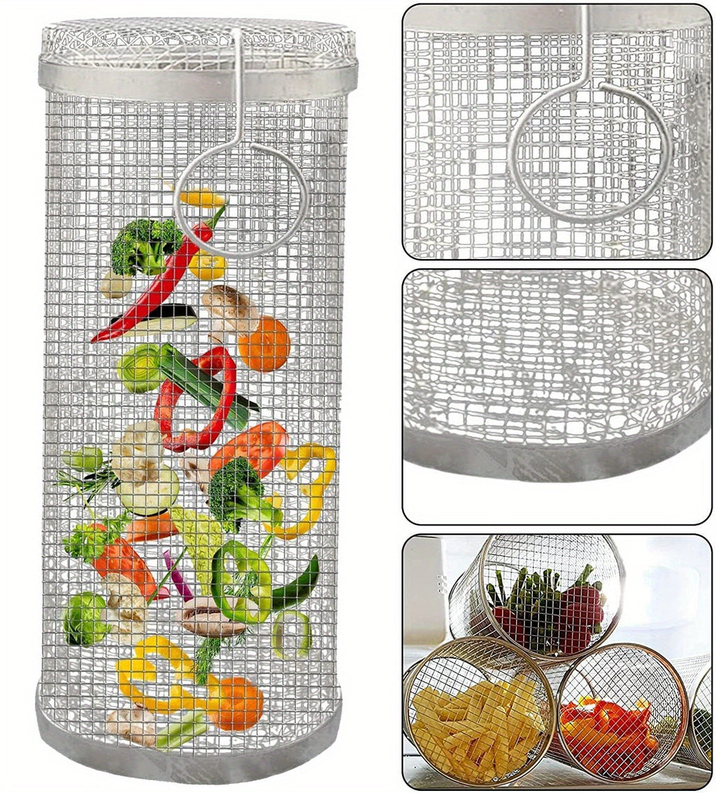 1/2pcs BBQ Rolling Grill Basket, Stainless Steel Grilled Cage, Round BBQ Grill Mesh For Vegetable Fries Fish, Portable Barbecue Cooking Grill Net, Grilling Baskets For  Outdoor Camping Grilling Rack, Camping Picnic Cookware K