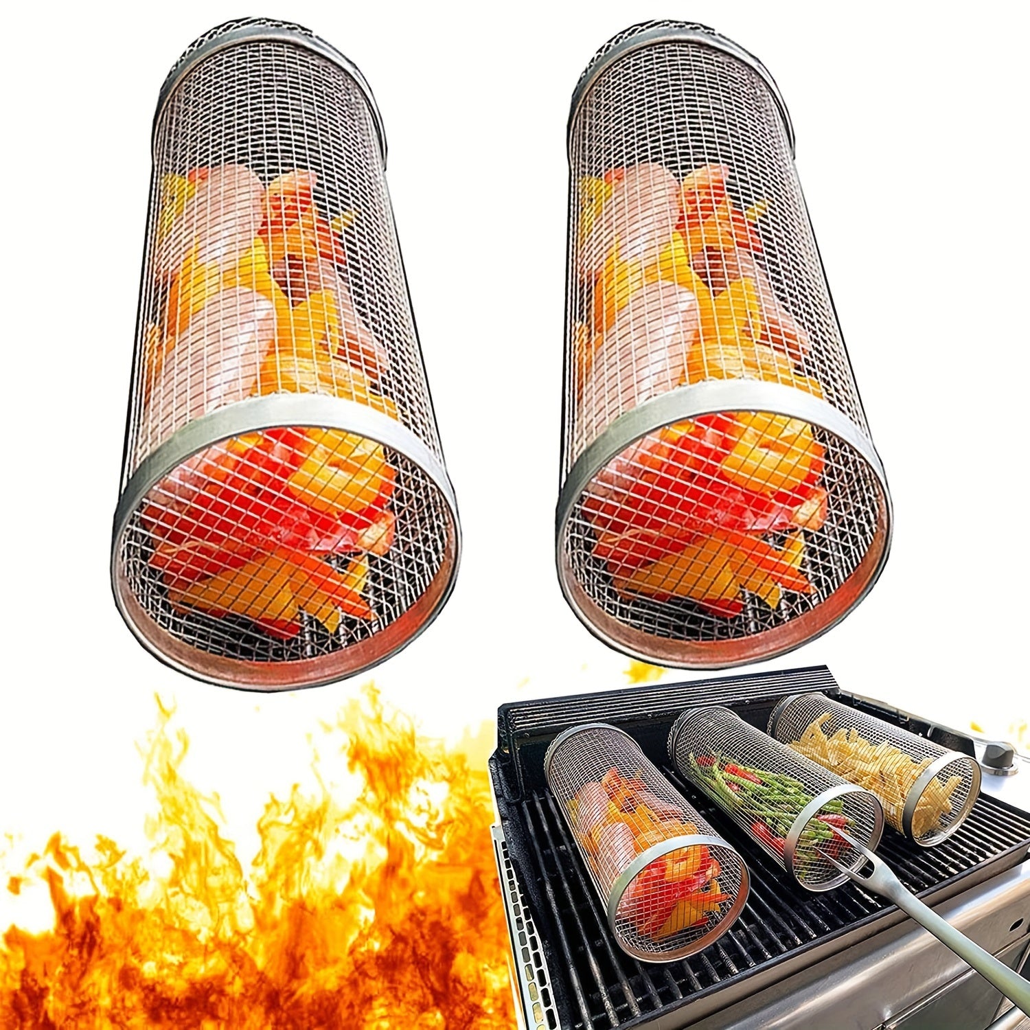 1/2pcs BBQ Rolling Grill Basket, Stainless Steel Grilled Cage, Round BBQ Grill Mesh For Vegetable Fries Fish, Portable Barbecue Cooking Grill Net, Grilling Baskets For  Outdoor Camping Grilling Rack, Camping Picnic Cookware K