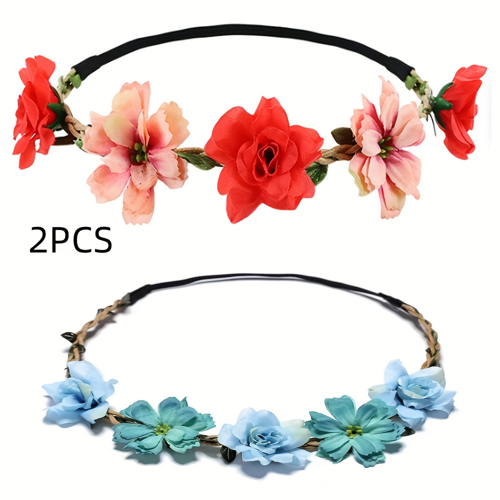 New Women's and Girls' Silk Flower Headband with Small Prayer Flag and Rose Headband for Wedding Photography and Travel Hair Accessories