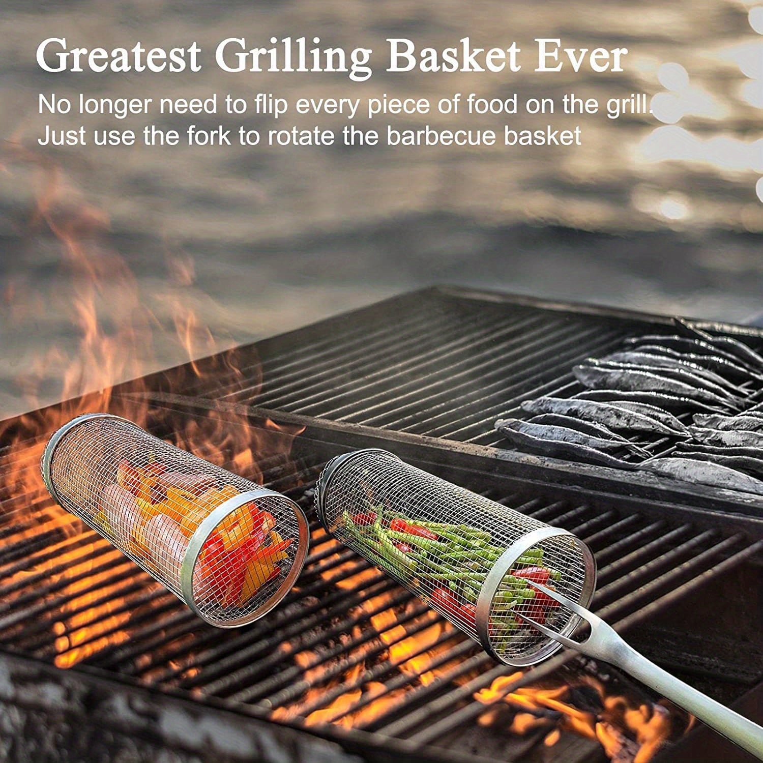 1/2pcs BBQ Rolling Grill Basket, Stainless Steel Grilled Cage, Round BBQ Grill Mesh For Vegetable Fries Fish, Portable Barbecue Cooking Grill Net, Grilling Baskets For  Outdoor Camping Grilling Rack, Camping Picnic Cookware K