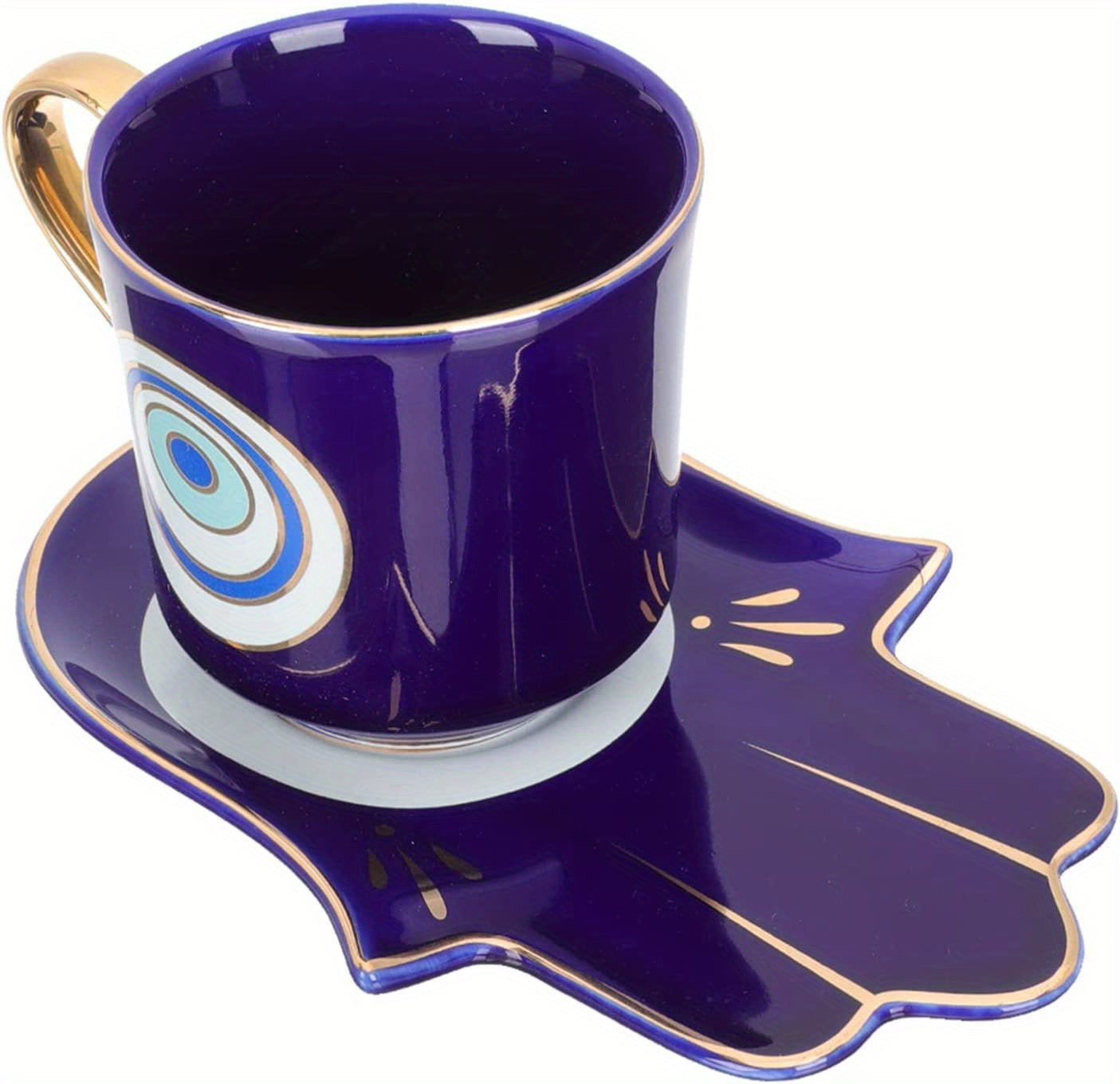 2pcs, Evil Eye Cups Ceramic Coffee Mug And Plate Set, Hamsa Cute Cup And Saucer, Tea Coffee Cups, Bone Ceramic Beautiful Tea Cup With Matching Saucers-Eye, Drinkware, Tea Accessories, Coffee Accessories, Weird Gadget Unusual