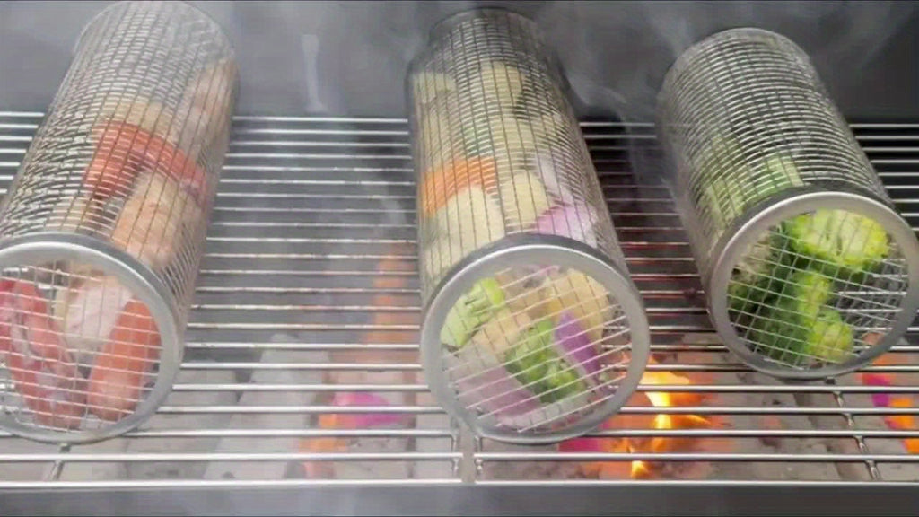 1/2pcs BBQ Rolling Grill Basket, Stainless Steel Grilled Cage, Round BBQ Grill Mesh For Vegetable Fries Fish, Portable Barbecue Cooking Grill Net, Grilling Baskets For  Outdoor Camping Grilling Rack, Camping Picnic Cookware K