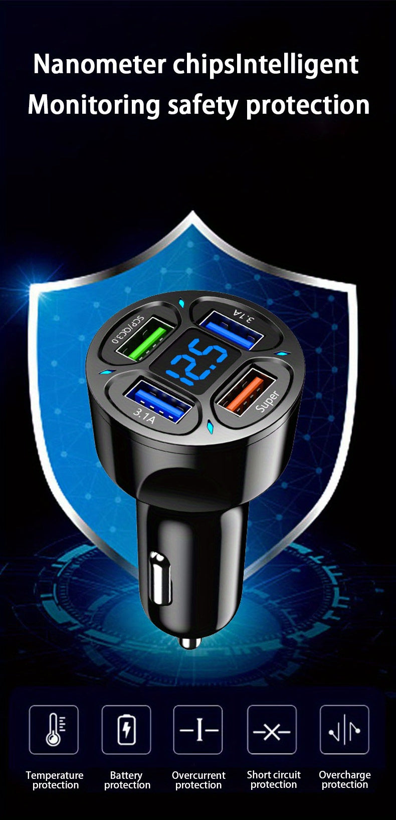 120W Car Charger Fast Charging 4 Usb Digital Display Car Fast Charger 4-in-1 PD Mobile Phone Charging Head 7AQC3.0 Car Phone Adapter Car Accessories