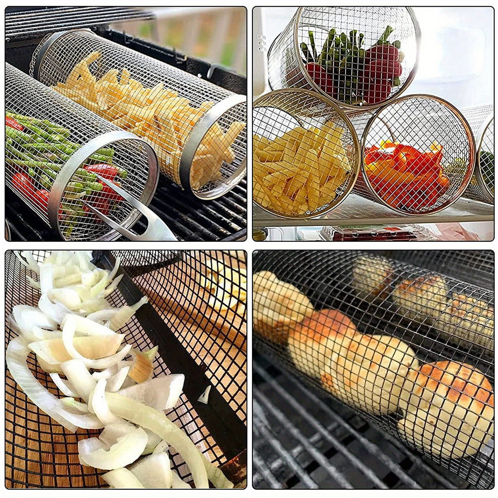 1/2pcs BBQ Rolling Grill Basket, Stainless Steel Grilled Cage, Round BBQ Grill Mesh For Vegetable Fries Fish, Portable Barbecue Cooking Grill Net, Grilling Baskets For  Outdoor Camping Grilling Rack, Camping Picnic Cookware K