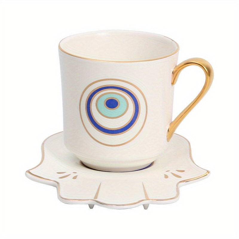 2pcs, Evil Eye Cups Ceramic Coffee Mug And Plate Set, Hamsa Cute Cup And Saucer, Tea Coffee Cups, Bone Ceramic Beautiful Tea Cup With Matching Saucers-Eye, Drinkware, Tea Accessories, Coffee Accessories, Weird Gadget Unusual