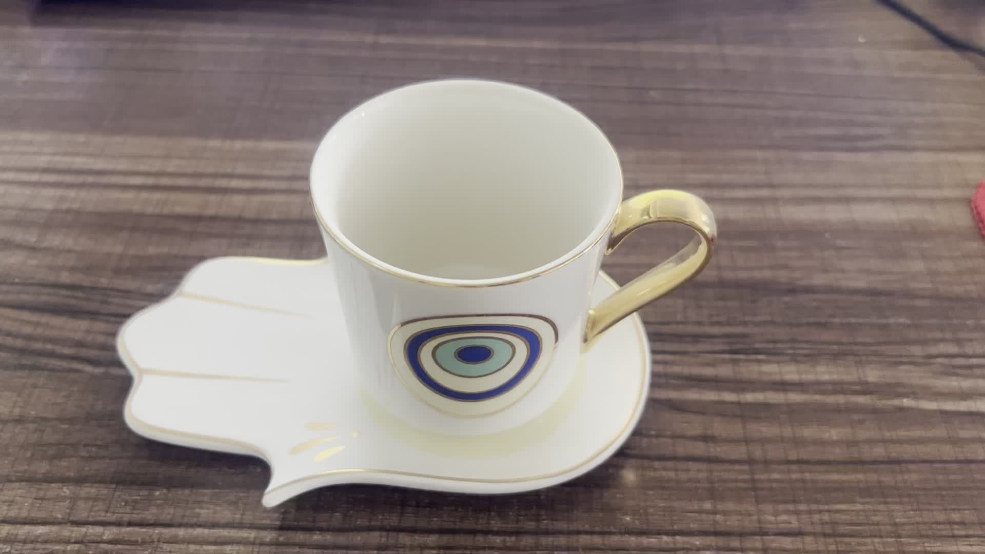 2pcs, Evil Eye Cups Ceramic Coffee Mug And Plate Set, Hamsa Cute Cup And Saucer, Tea Coffee Cups, Bone Ceramic Beautiful Tea Cup With Matching Saucers-Eye, Drinkware, Tea Accessories, Coffee Accessories, Weird Gadget Unusual