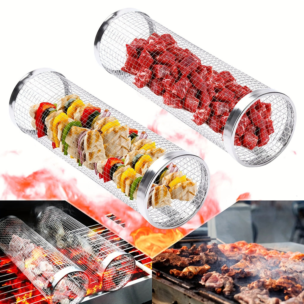 1/2pcs BBQ Rolling Grill Basket, Stainless Steel Grilled Cage, Round BBQ Grill Mesh For Vegetable Fries Fish, Portable Barbecue Cooking Grill Net, Grilling Baskets For  Outdoor Camping Grilling Rack, Camping Picnic Cookware K