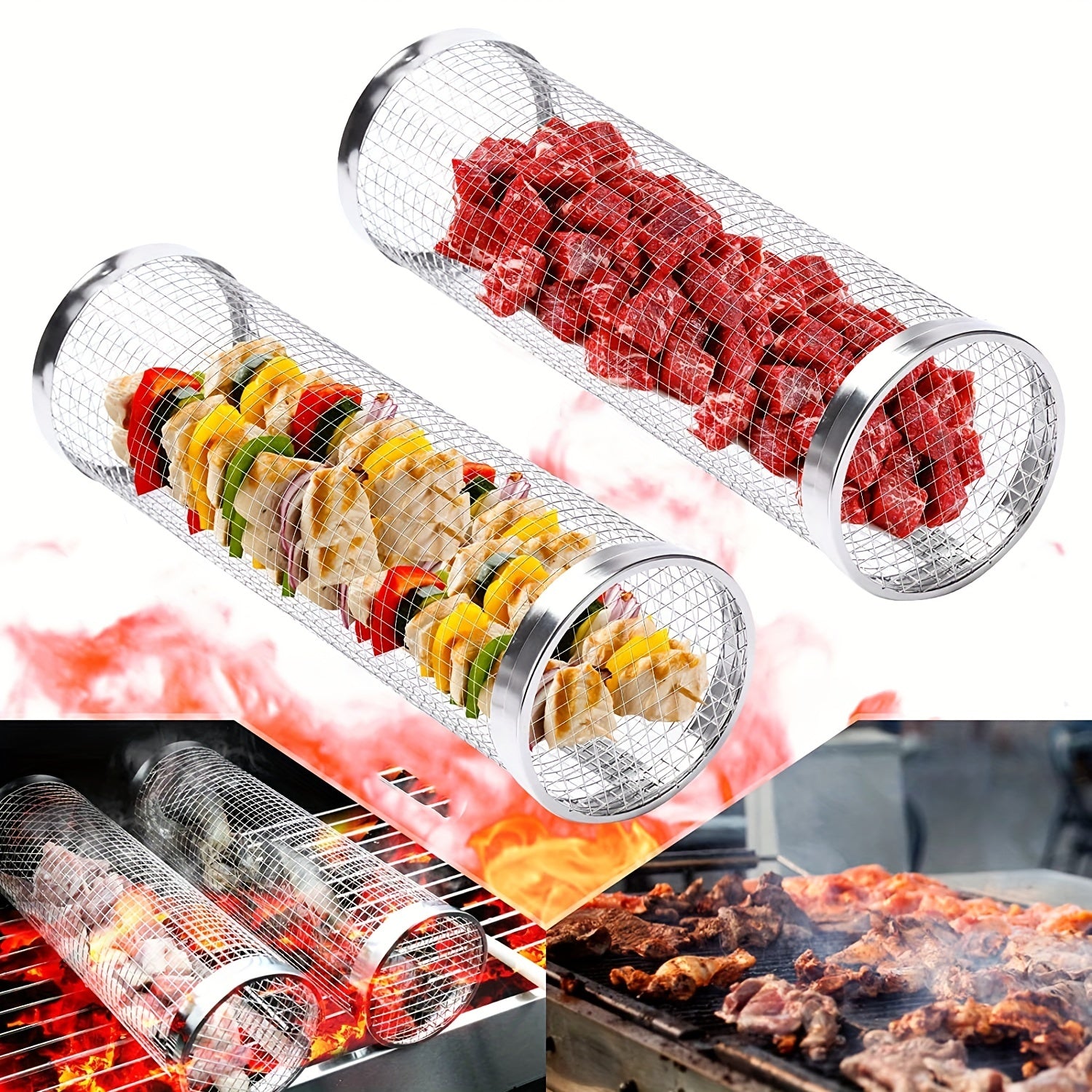 1/2pcs BBQ Rolling Grill Basket, Stainless Steel Grilled Cage, Round BBQ Grill Mesh For Vegetable Fries Fish, Portable Barbecue Cooking Grill Net, Grilling Baskets For  Outdoor Camping Grilling Rack, Camping Picnic Cookware K