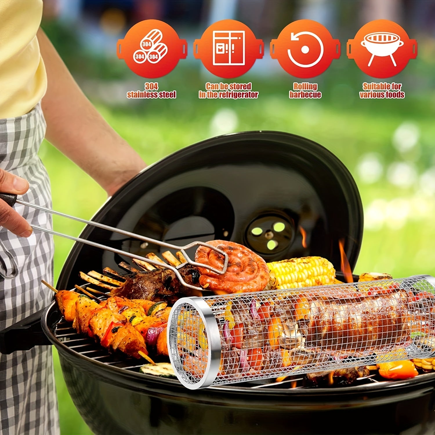 1/2pcs BBQ Rolling Grill Basket, Stainless Steel Grilled Cage, Round BBQ Grill Mesh For Vegetable Fries Fish, Portable Barbecue Cooking Grill Net, Grilling Baskets For  Outdoor Camping Grilling Rack, Camping Picnic Cookware K