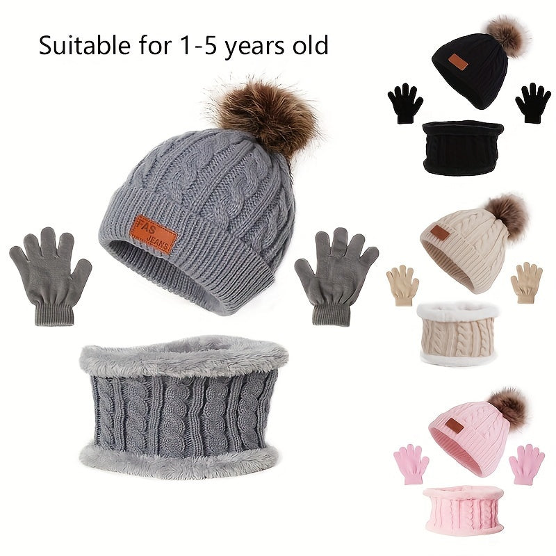 3pcs Cozy Knitted Thermal Beanie Hat, Gloves & Scarf Set for Girls Accessories - Winter Warmth Essentials for 1-5 Years Old Kids - Ideal Gift Choice for Boys and Girls