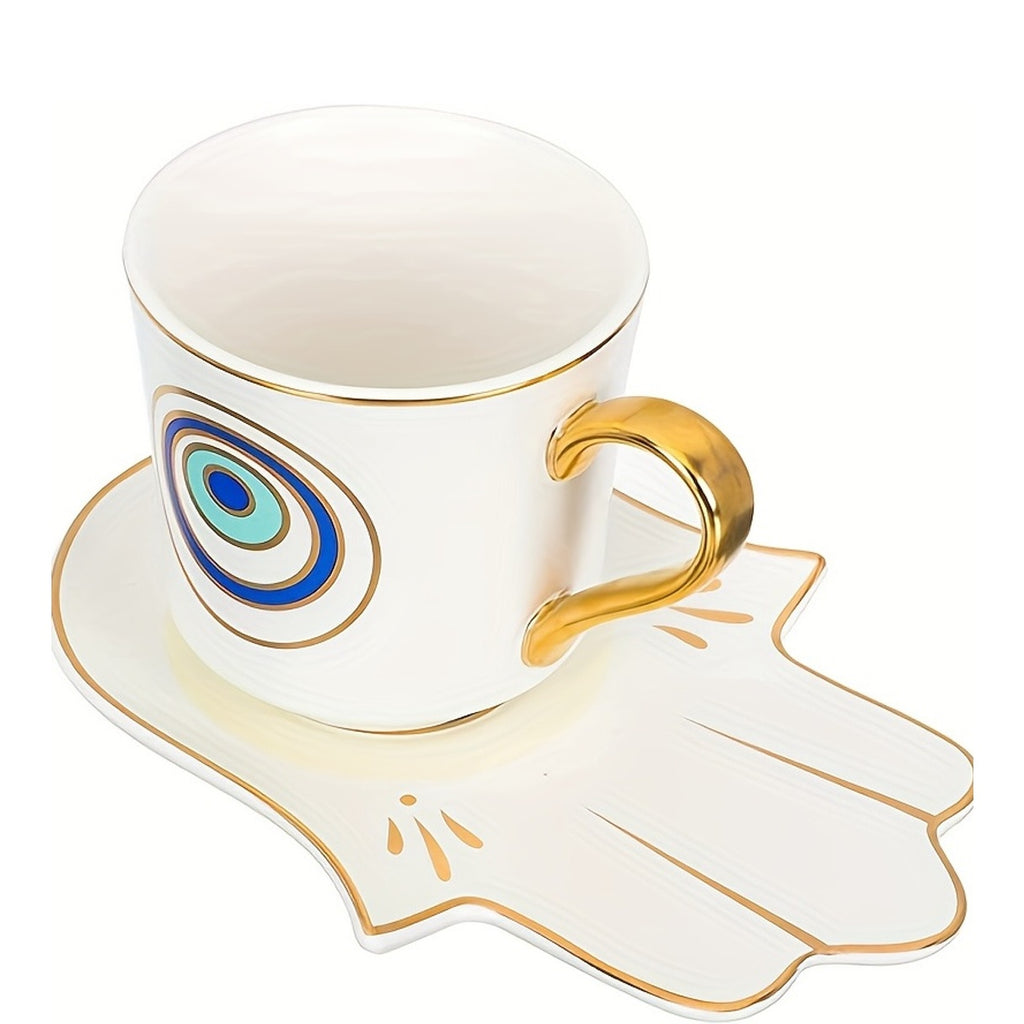 2pcs, Evil Eye Cups Ceramic Coffee Mug And Plate Set, Hamsa Cute Cup And Saucer, Tea Coffee Cups, Bone Ceramic Beautiful Tea Cup With Matching Saucers-Eye, Drinkware, Tea Accessories, Coffee Accessories, Weird Gadget Unusual