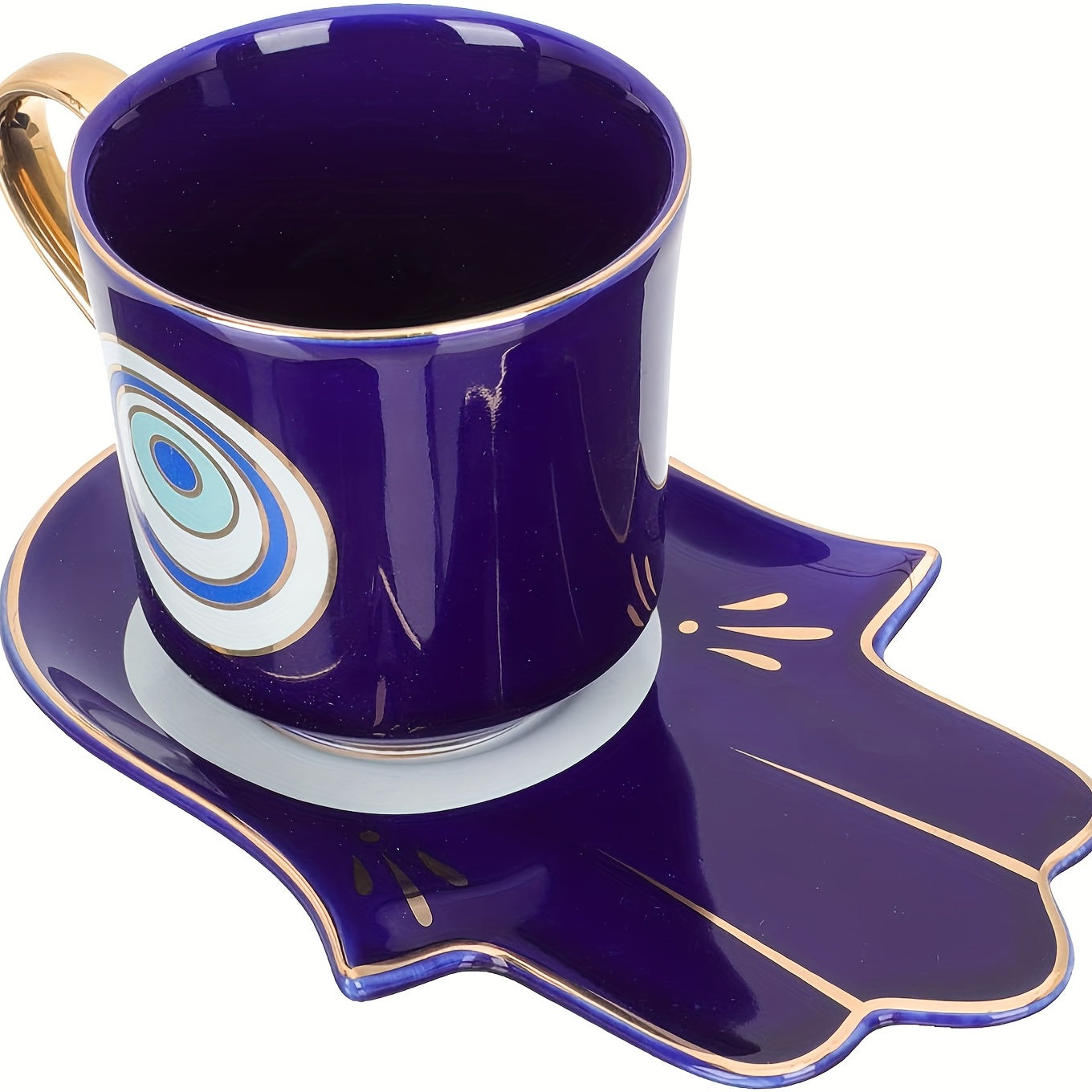 2pcs, Evil Eye Cups Ceramic Coffee Mug And Plate Set, Hamsa Cute Cup And Saucer, Tea Coffee Cups, Bone Ceramic Beautiful Tea Cup With Matching Saucers-Eye, Drinkware, Tea Accessories, Coffee Accessories, Weird Gadget Unusual