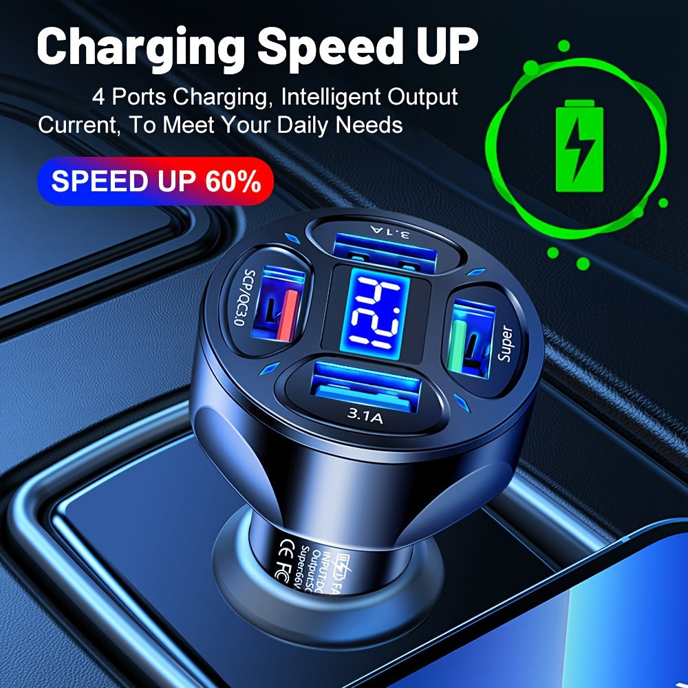 120W Car Charger Fast Charging 4 Usb Digital Display Car Fast Charger 4-in-1 PD Mobile Phone Charging Head 7AQC3.0 Car Phone Adapter Car Accessories