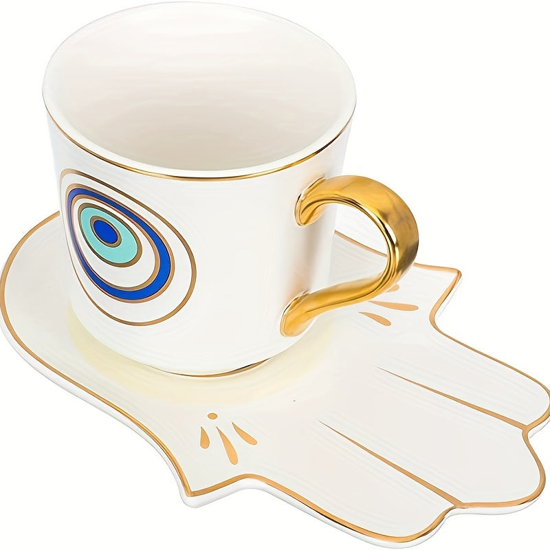 2pcs, Evil Eye Cups Ceramic Coffee Mug And Plate Set, Hamsa Cute Cup And Saucer, Tea Coffee Cups, Bone Ceramic Beautiful Tea Cup With Matching Saucers-Eye, Drinkware, Tea Accessories, Coffee Accessories, Weird Gadget Unusual