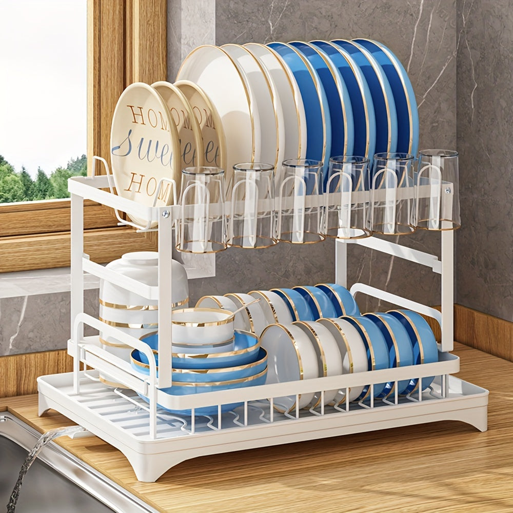 1pc Dish Drying Rack For Kitchen Counter Over The Sink, Detachable Larger Capacity 2-Tier Dish Drying Rack Drainboard Set With Double-Layer Bowl Rack, Cup Rack, Drain Board, Sticky Board Rack, Cutlery Rack, Kitchen Accessorie
