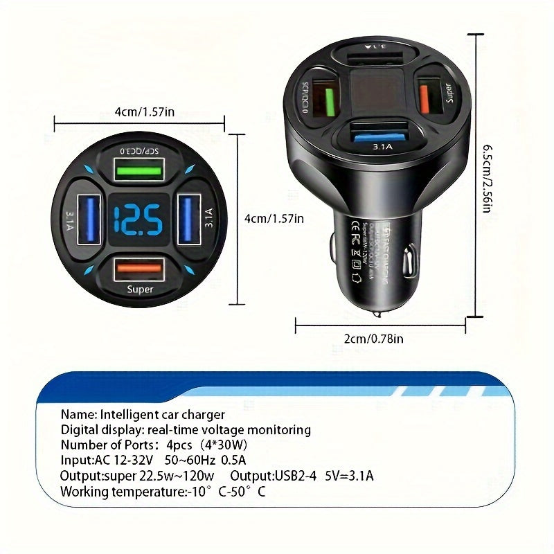 120W Car Charger Fast Charging 4 Usb Digital Display Car Fast Charger 4-in-1 PD Mobile Phone Charging Head 7AQC3.0 Car Phone Adapter Car Accessories