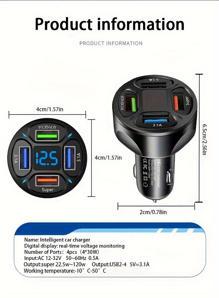 120W Car Charger Fast Charging 4 Usb Digital Display Car Fast Charger 4-in-1 PD Mobile Phone Charging Head 7AQC3.0 Car Phone Adapter Car Accessories