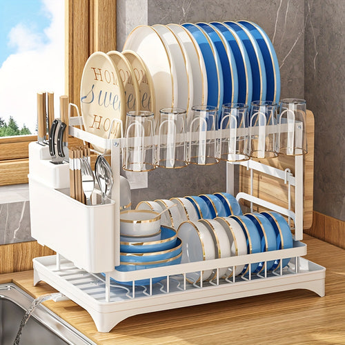 1pc Dish Drying Rack For Kitchen Counter Over The Sink, Detachable Larger Capacity 2-Tier Dish Drying Rack Drainboard Set With Double-Layer Bowl Rack, Cup Rack, Drain Board, Sticky Board Rack, Cutlery Rack, Kitchen Accessorie