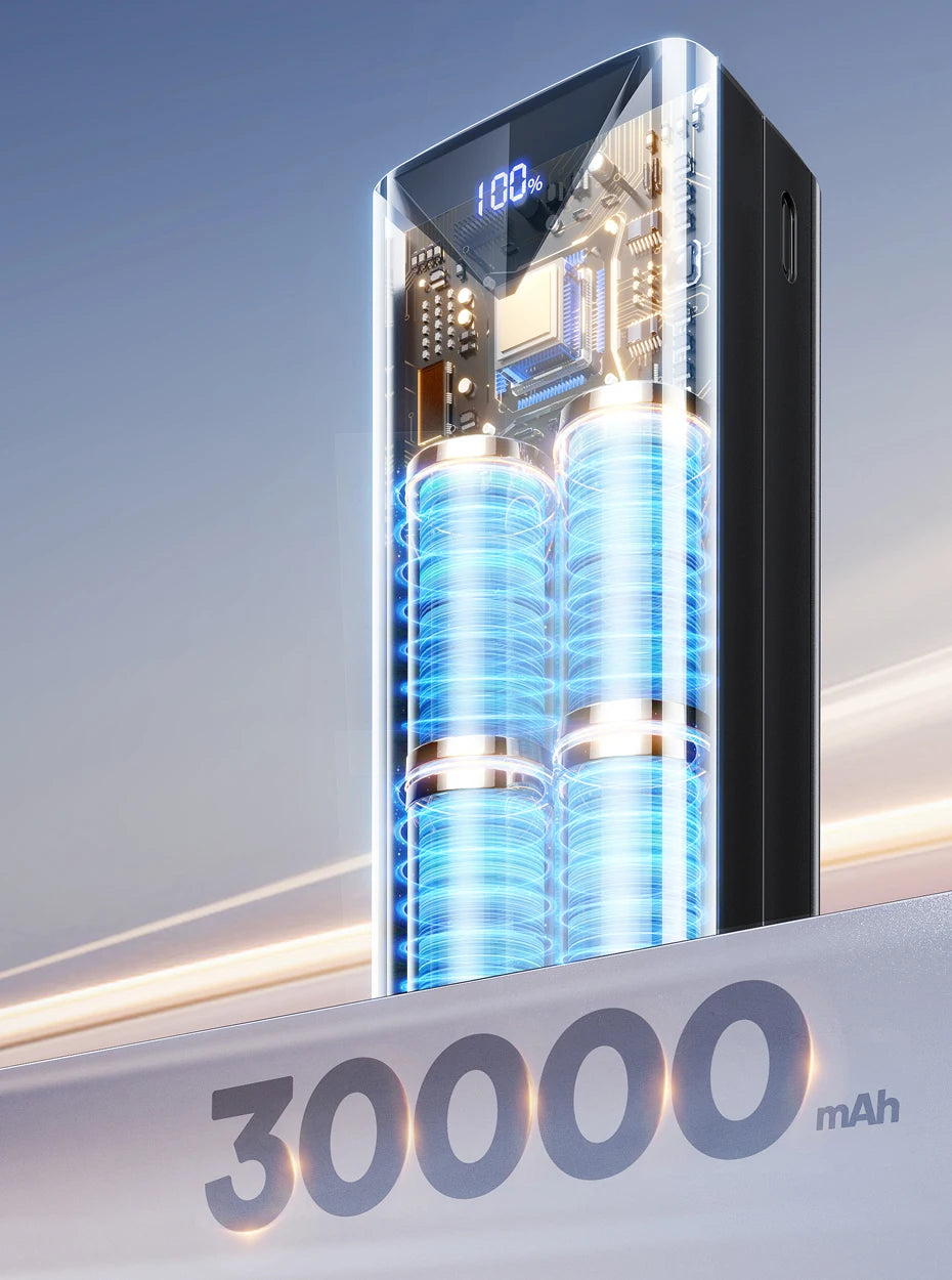 QOOVI 30000mah Power Bank 22.5W Fast Charging Built-in Cable External Large Battery Portable Charger For iPhone Samsung Xiaomi