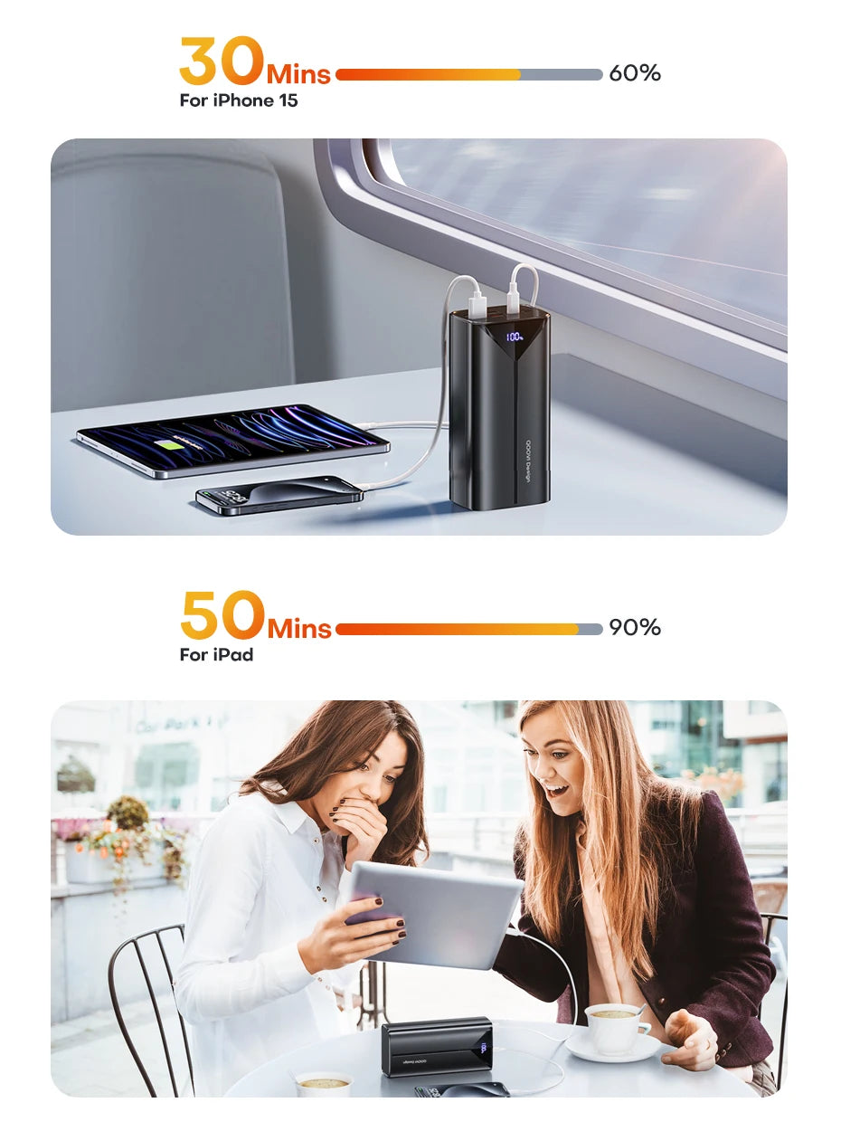 QOOVI 30000mah Power Bank 22.5W Fast Charging Built-in Cable External Large Battery Portable Charger For iPhone Samsung Xiaomi