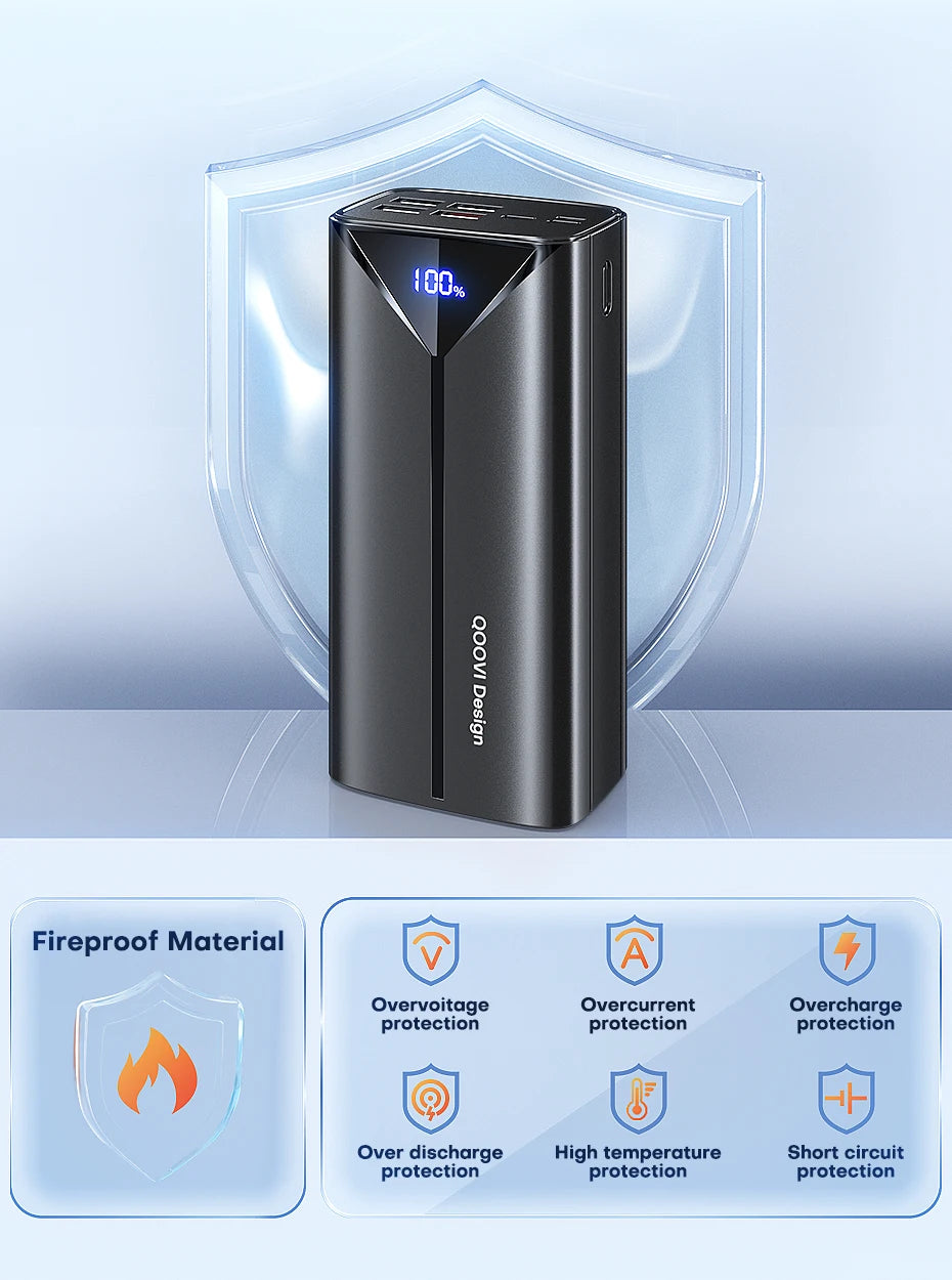 QOOVI 30000mah Power Bank 22.5W Fast Charging Built-in Cable External Large Battery Portable Charger For iPhone Samsung Xiaomi