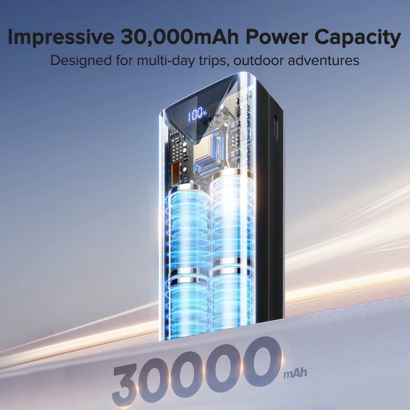 QOOVI 30000mah Power Bank 22.5W Fast Charging Built-in Cable External Large Battery Portable Charger For iPhone Samsung Xiaomi