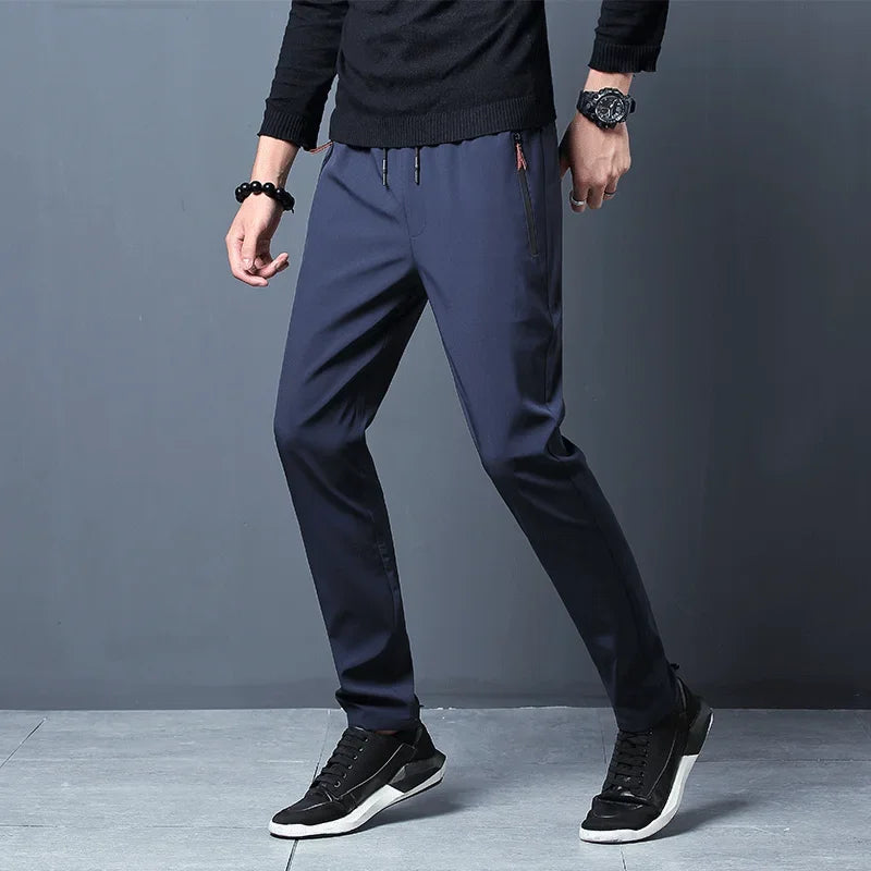 Men's Casual Pants Straight Slim Fit Elastic Waist Jogger Korean Classic Blue Black Gray Male Brand Trousers Plus Size