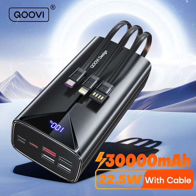 QOOVI 30000mah Power Bank 22.5W Fast Charging Built-in Cable External Large Battery Portable Charger For iPhone Samsung Xiaomi