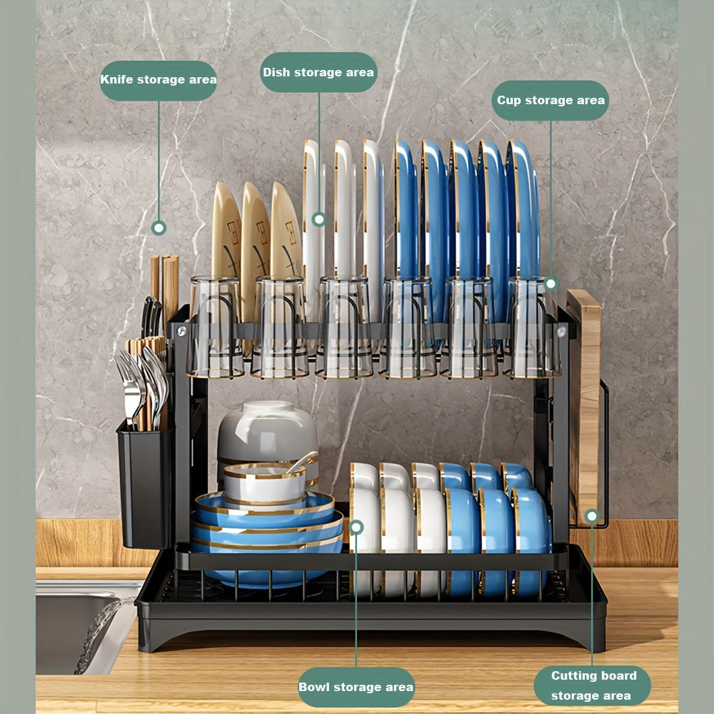 1pc Dish Drying Rack For Kitchen Counter Over The Sink, Detachable Larger Capacity 2-Tier Dish Drying Rack Drainboard Set With Double-Layer Bowl Rack, Cup Rack, Drain Board, Sticky Board Rack, Cutlery Rack, Kitchen Accessorie