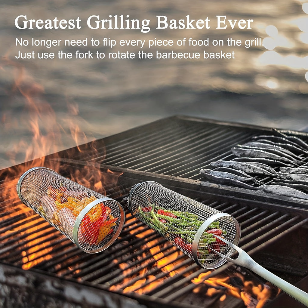 1/2pcs BBQ Rolling Grill Basket, Stainless Steel Grilled Cage, Round BBQ Grill Mesh For Vegetable Fries Fish, Portable Barbecue Cooking Grill Net, Grilling Baskets For  Outdoor Camping Grilling Rack, Camping Picnic Cookware K