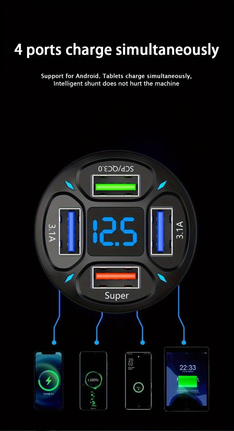 120W Car Charger Fast Charging 4 Usb Digital Display Car Fast Charger 4-in-1 PD Mobile Phone Charging Head 7AQC3.0 Car Phone Adapter Car Accessories