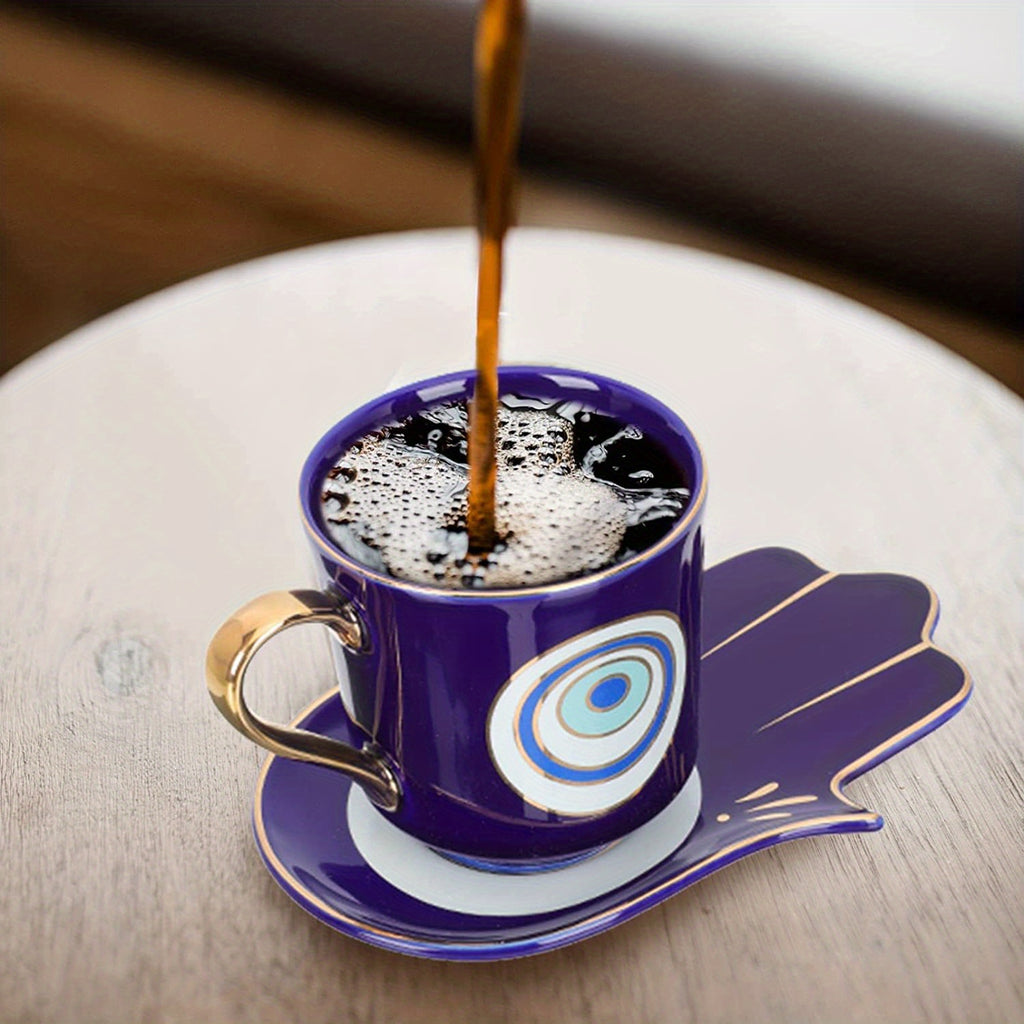 2pcs, Evil Eye Cups Ceramic Coffee Mug And Plate Set, Hamsa Cute Cup And Saucer, Tea Coffee Cups, Bone Ceramic Beautiful Tea Cup With Matching Saucers-Eye, Drinkware, Tea Accessories, Coffee Accessories, Weird Gadget Unusual