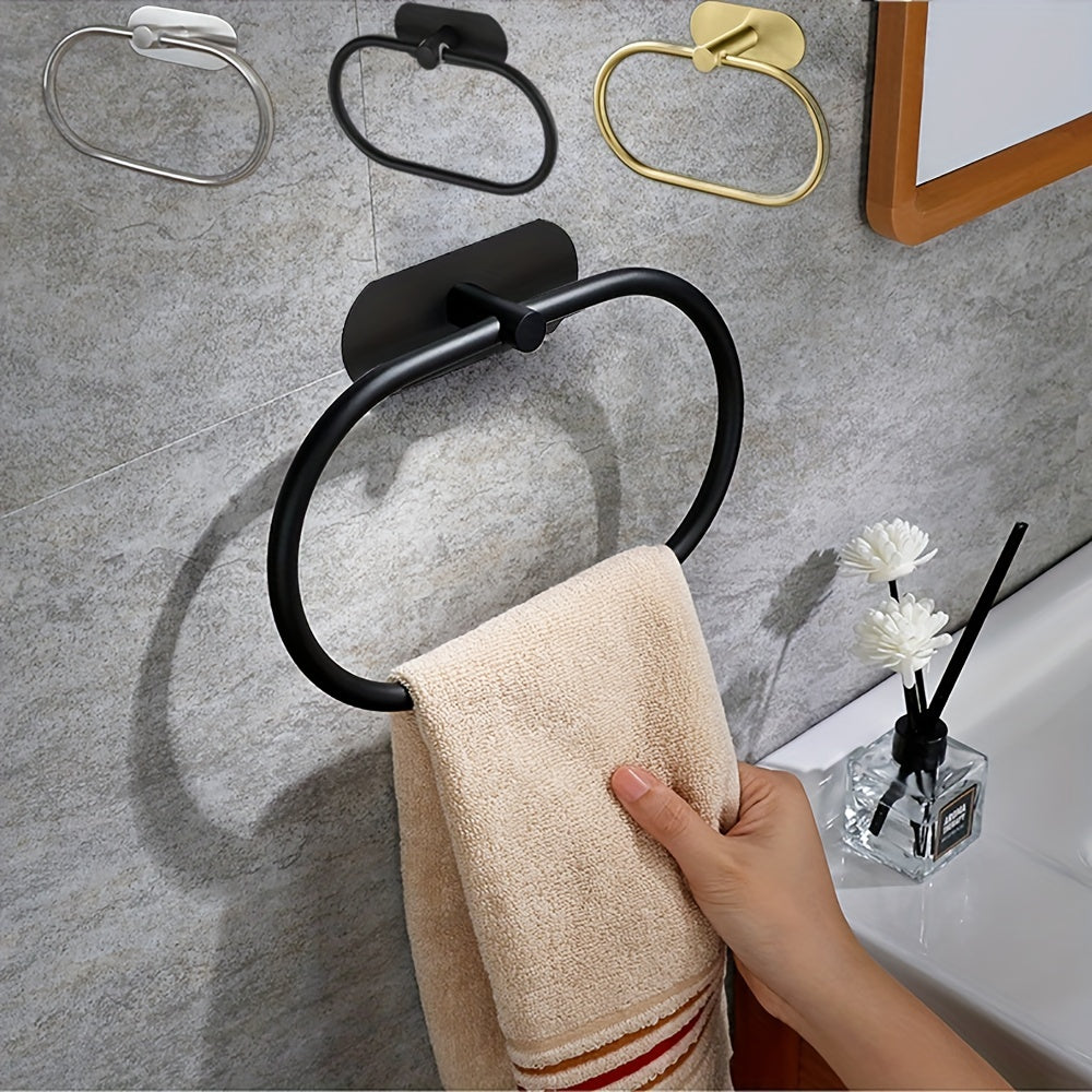1pc Self Adhesive Towels Rack, Bathroom Towel Ring Holder, Dishcloth Holder Without Drilling, Stainless Steel Towel Ring, Bathroom Accessories