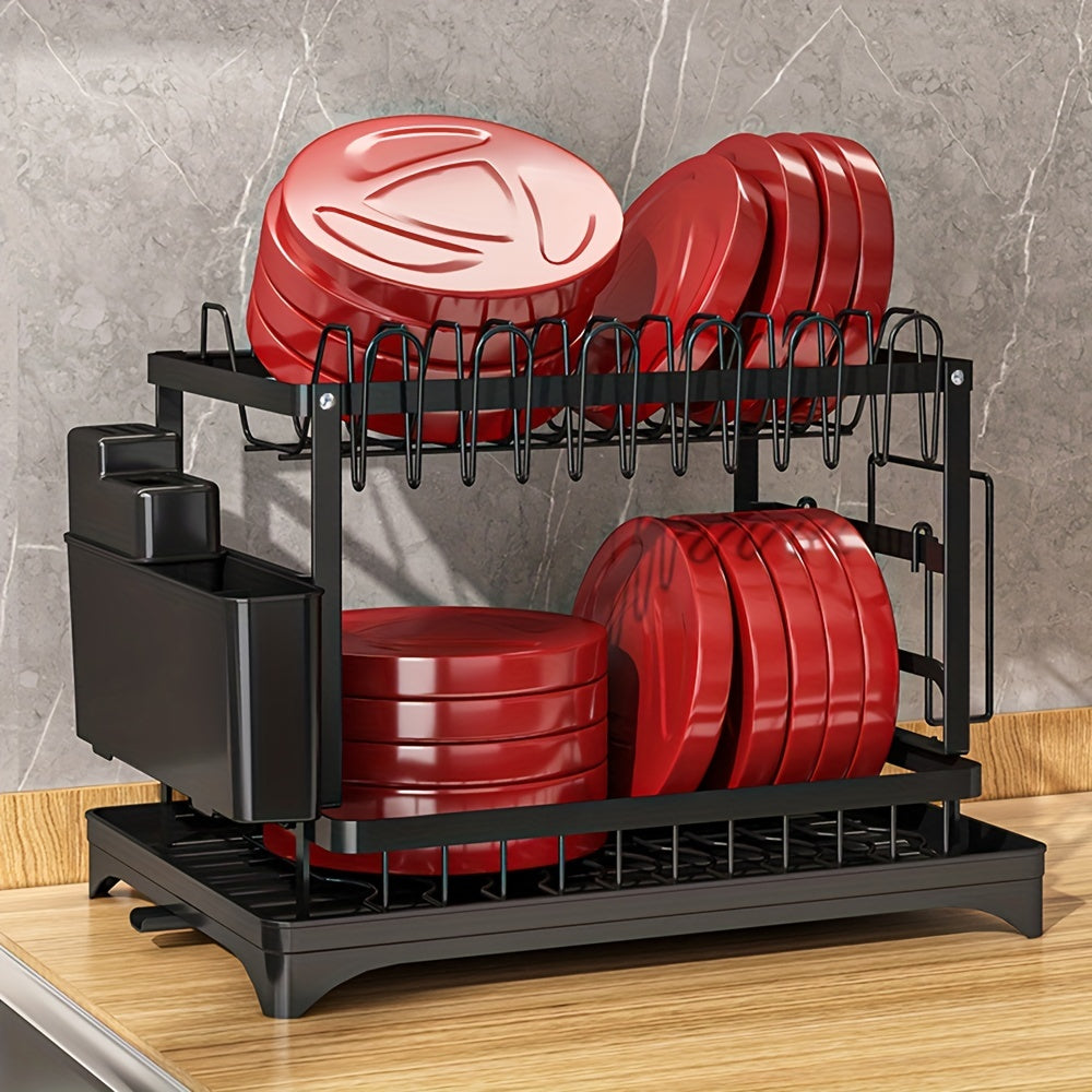 1pc Dish Drying Rack For Kitchen Counter Over The Sink, Detachable Larger Capacity 2-Tier Dish Drying Rack Drainboard Set With Double-Layer Bowl Rack, Cup Rack, Drain Board, Sticky Board Rack, Cutlery Rack, Kitchen Accessorie