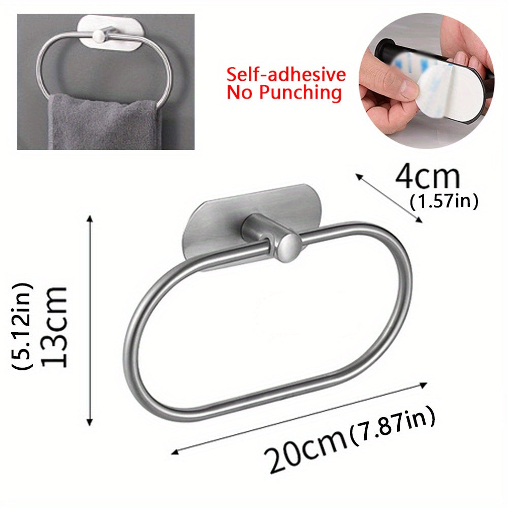 1pc Self Adhesive Towels Rack, Bathroom Towel Ring Holder, Dishcloth Holder Without Drilling, Stainless Steel Towel Ring, Bathroom Accessories