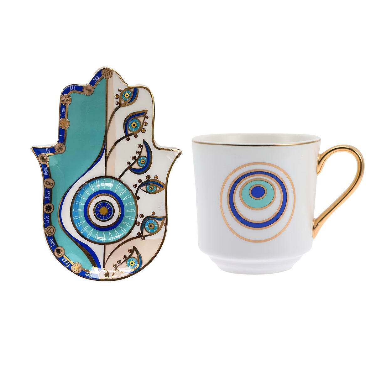 2pcs, Evil Eye Cups Ceramic Coffee Mug And Plate Set, Hamsa Cute Cup And Saucer, Tea Coffee Cups, Bone Ceramic Beautiful Tea Cup With Matching Saucers-Eye, Drinkware, Tea Accessories, Coffee Accessories, Weird Gadget Unusual