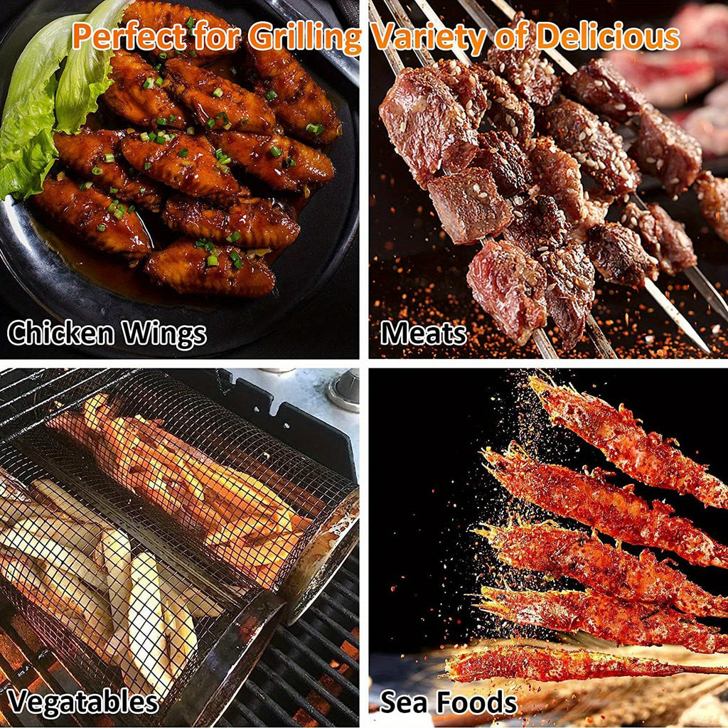 1/2pcs BBQ Rolling Grill Basket, Stainless Steel Grilled Cage, Round BBQ Grill Mesh For Vegetable Fries Fish, Portable Barbecue Cooking Grill Net, Grilling Baskets For  Outdoor Camping Grilling Rack, Camping Picnic Cookware K