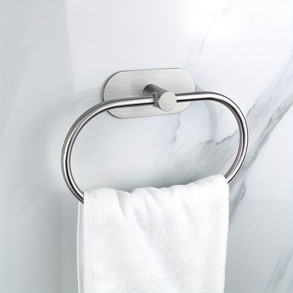 1pc Self Adhesive Towels Rack, Bathroom Towel Ring Holder, Dishcloth Holder Without Drilling, Stainless Steel Towel Ring, Bathroom Accessories