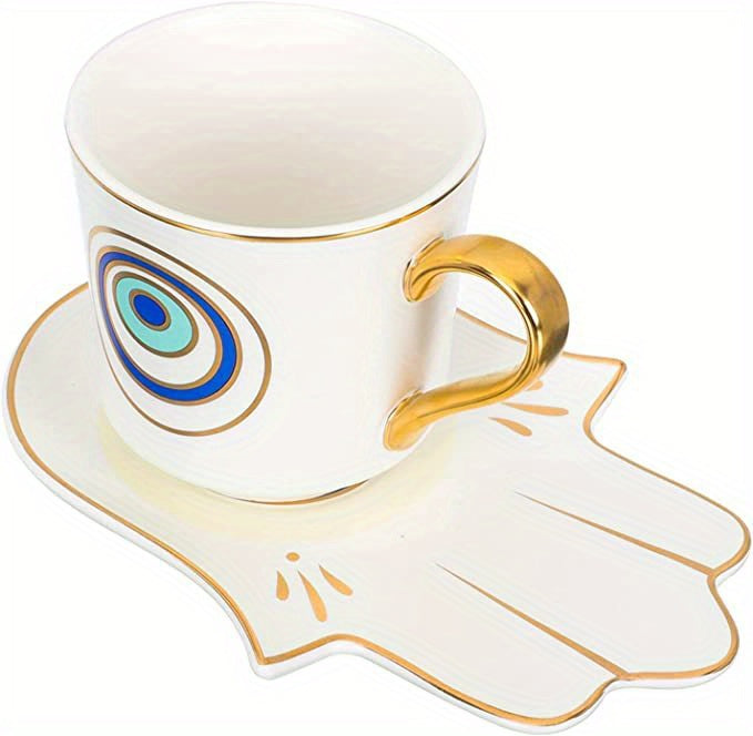 2pcs, Evil Eye Cups Ceramic Coffee Mug And Plate Set, Hamsa Cute Cup And Saucer, Tea Coffee Cups, Bone Ceramic Beautiful Tea Cup With Matching Saucers-Eye, Drinkware, Tea Accessories, Coffee Accessories, Weird Gadget Unusual