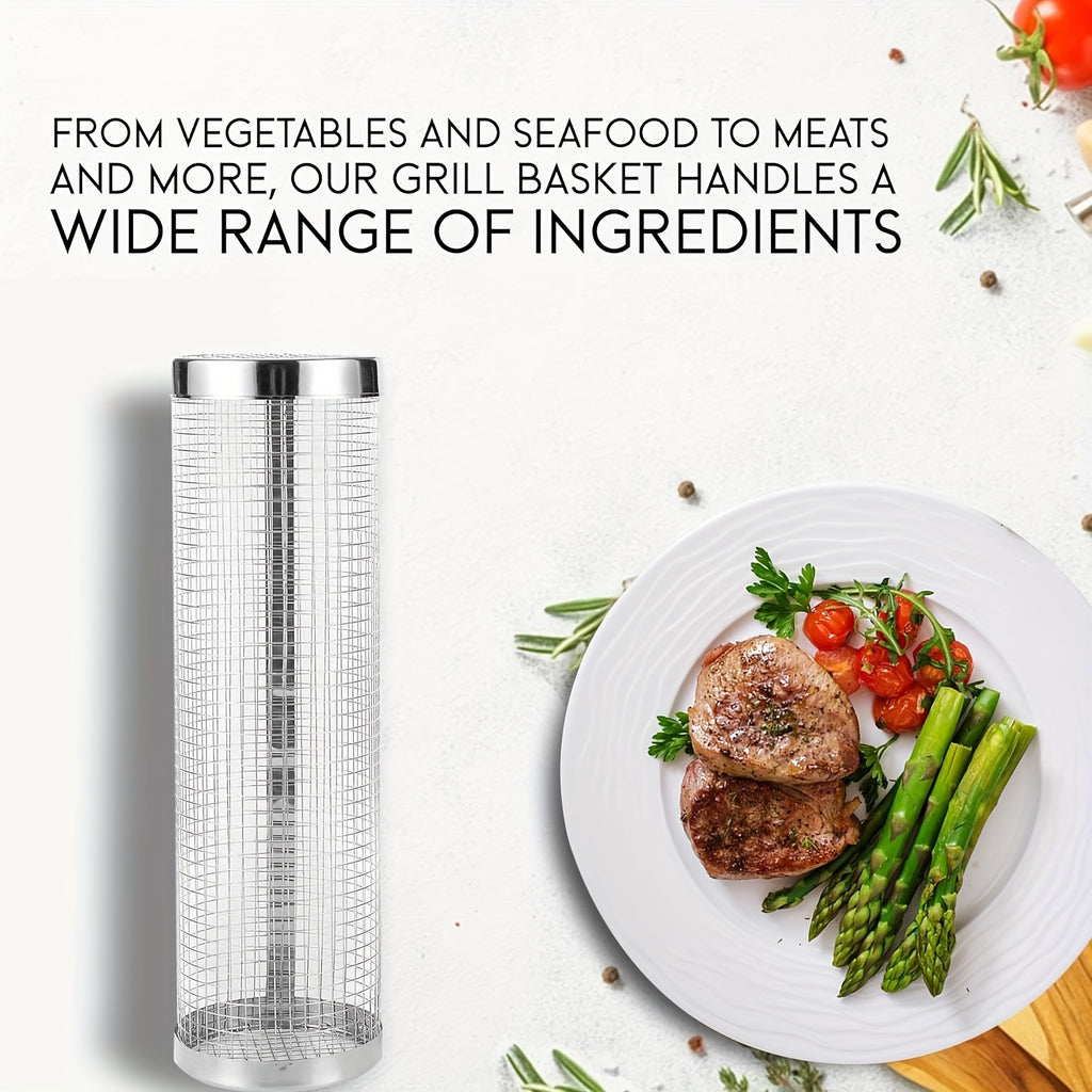 1/2pcs BBQ Rolling Grill Basket, Stainless Steel Grilled Cage, Round BBQ Grill Mesh For Vegetable Fries Fish, Portable Barbecue Cooking Grill Net, Grilling Baskets For  Outdoor Camping Grilling Rack, Camping Picnic Cookware K