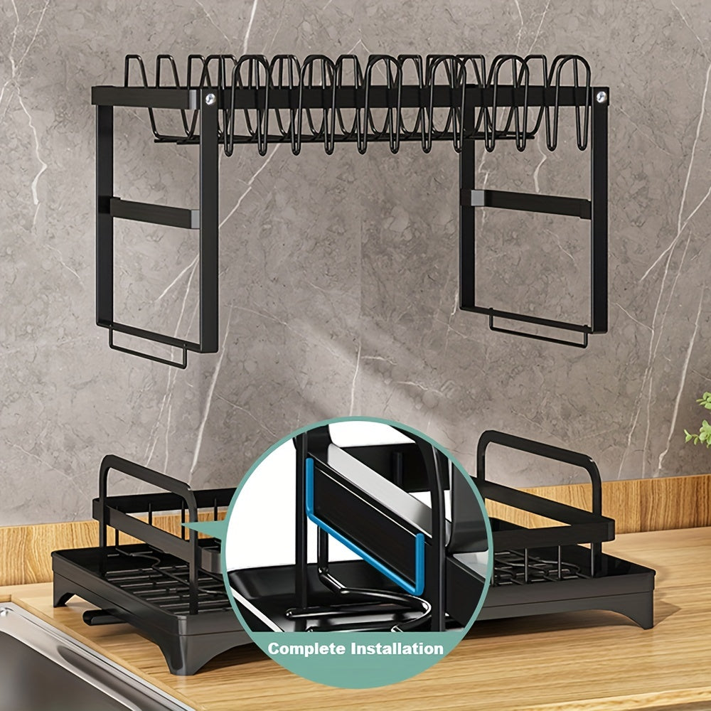 1pc Dish Drying Rack For Kitchen Counter Over The Sink, Detachable Larger Capacity 2-Tier Dish Drying Rack Drainboard Set With Double-Layer Bowl Rack, Cup Rack, Drain Board, Sticky Board Rack, Cutlery Rack, Kitchen Accessorie